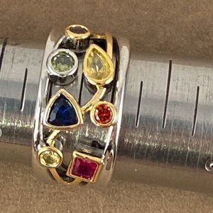 Modernist Sapphire with Mixed Gems Bezel Set in a Two Tone Sterling Silver Ring